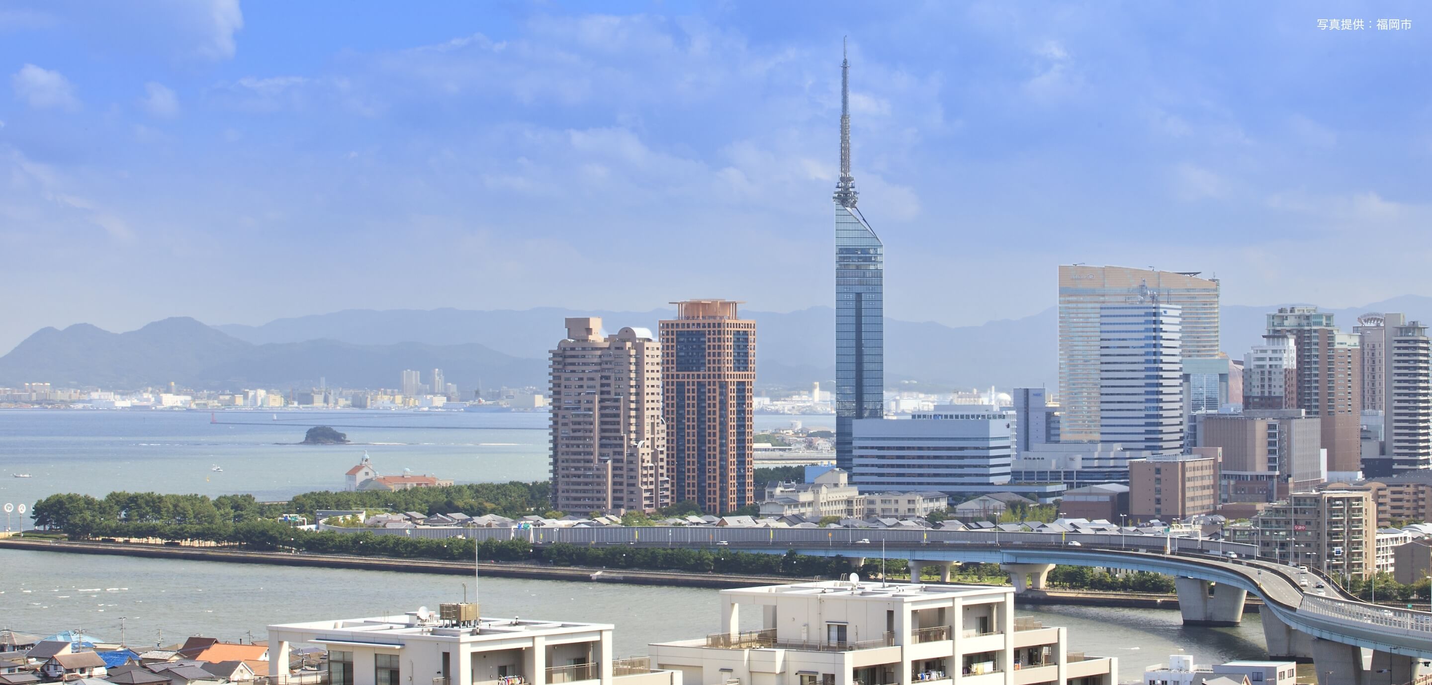 福岡タワーと博多湾を望む福岡の街並み