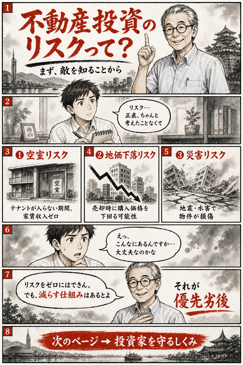 優先劣後方式とは？不動産クラウドファンディングの安全設計を徹底解説（マンガ版・2ページ目）— 不動産投資の3大リスク（空室・地価下落・災害）を整理する2ページ目