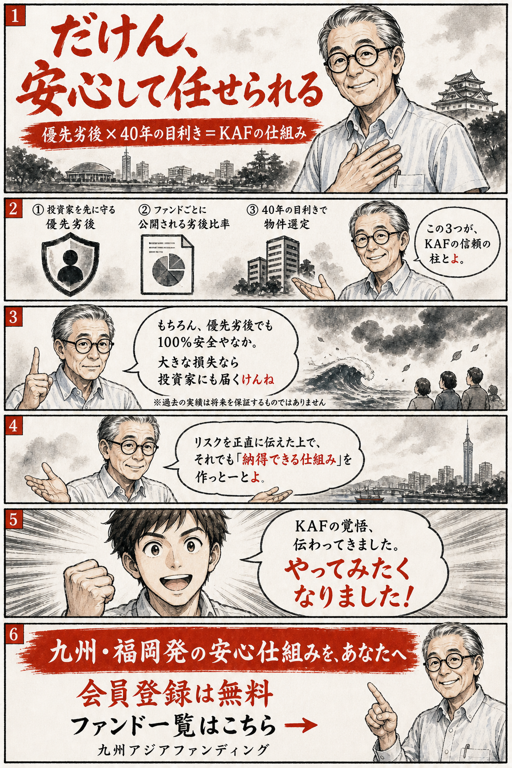 優先劣後方式とは？不動産クラウドファンディングの安全設計を徹底解説（マンガ版・7ページ目）— KAFが投資家から信頼される理由をまとめCTAへ導く7ページ目