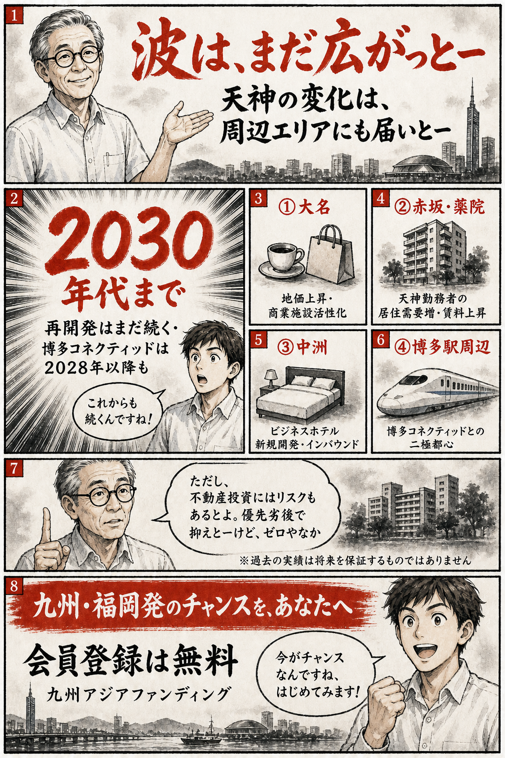 天神ビッグバンが変える福岡の不動産価値：再開発の全容と投資への影響（マンガ版・4ページ目）— 投資家がこのタイミングで福岡・天神エリアに注目すべき理由をまとめる4ページ目