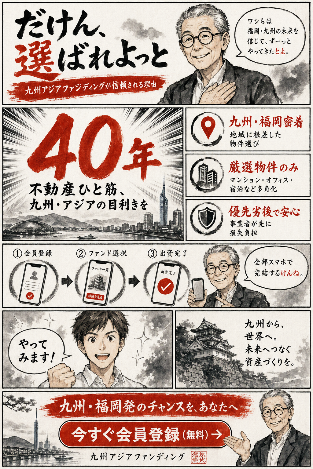 不動産クラウドファンディングとは？仕組みから始め方まで完全ガイド（マンガ版・3ページ目）— 少額から始められる・管理の手間がない・物件が見えるといった不動産クラファンの特徴を整理する3ページ目